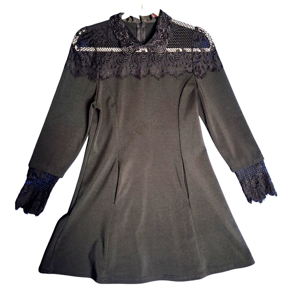 JHOOWAY Lace Trim Mini Black Dress With Pockets